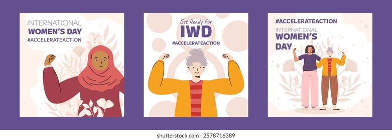 IWD 2025 Illustrated Women Celebrating International Women's Day, Diverse Feminism Concept, Social Media Posts, Empowerment Art, Activism Design, Accelerate Action Campaign Graphics