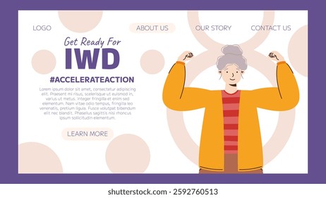 IWD 2025 Illustration of a confident senior woman with gray hair and casual clothing flexing her arms in celebration of International Women's Day. Empowerment and strength concept