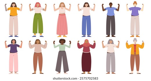 IWD 2025 Set of Diverse and Empowered Women Standing in Strong Poses Promoting Unity, Equality, and Feminism