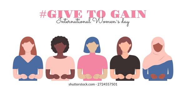 IWD 2026 Plantilla de Anuncio, chicas de la diversidad, eslogan GivetoGain. Mujer variedad de etnicidad. Fondo del 8 de marzo del Día Internacional de la Mujer para Web, impresión, portada, información. Manos ahuecadas en el frente