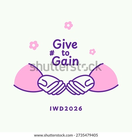 IWD 2026 Give to Gain poster template. Minimalist trendy background International Women's Day. Flat style. Pink violet color