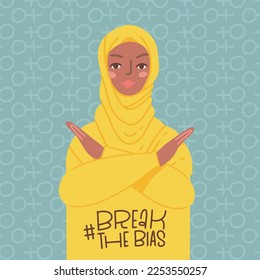 IWD card with Muslim woman with her arms crossed over her hands. Break The Bias campaign banner. International Women's Day. A movement against discrimination and stereotypes. Flat Hand Drawn Vector