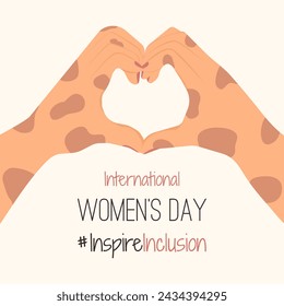 IWD design with depigmentation white hands show Heart Shape Card. Minimalist International Women s Day 2024 Poster InspireInclusion. Greeting card social campaign Inspire inclusion in 8 March.