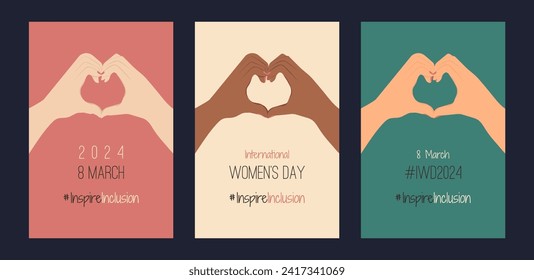 IWD design with hands show Heart Shape. Minimalist International Women's Day 2024 Posters with slogan InspireInclusion. Various color arms greeting card of social campaign Inspire inclusion in 8 March