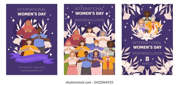 IWD Inspire Inclusion campaign, International Women's Day 2024 Poster collection features a diversity of women making the heart gesture with their hands. Vector hand drawn illustration in flat style.