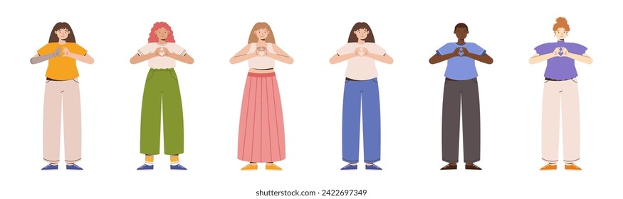 IWD Inspire Inclusion campaign, International Women's Day 2024 collection features a diversity of women making the heart gesture with their hands. Vector hand drawn illustration in flat style.