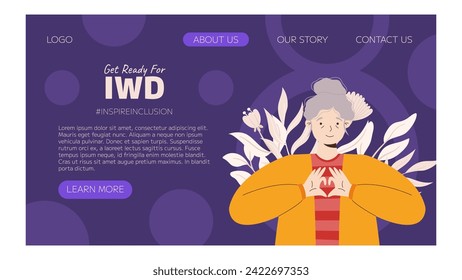 IWD Inspire Inclusion campaign, International Women's Day 2024 Landing page template features a diversity of women making heart gesture with their hands. Vector hand drawn illustration in flat style.