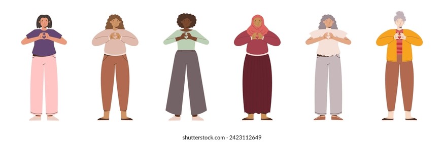 IWD Inspire Inclusion campaign, International Women's Day 2024 collection features a diversity of women making the heart gesture with their hands. Vector hand drawn illustration in flat style.