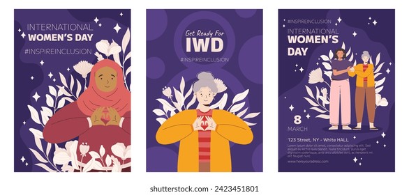 IWD Inspire Inclusion campaign, International Women's Day 2024 Poster collection features a diversity of women making the heart gesture with their hands. Vector hand drawn illustration in flat style.