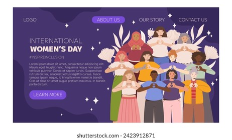 La campaña para la inclusión de inspiradores para las mujeres con discapacidad, la plantilla de la página de aterrizaje del Día Internacional de la Mujer 2024 presenta una diversidad de mujeres haciendo gestos de corazón con sus manos. Ilustración dibujada a mano por vectores en estilo plano.