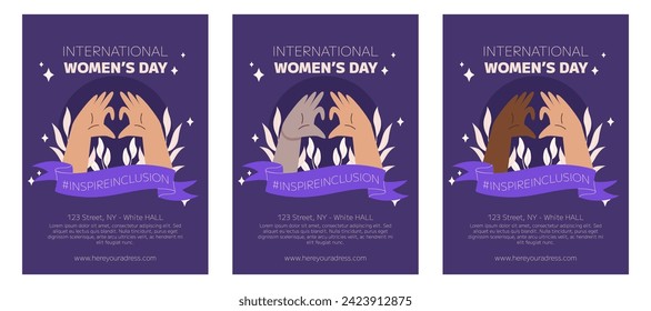 IWD Inspire Inclusion campaign, International Women's Day 2024 Poster collection features variety of hands showing the heart gesture. Vector hand drawn illustration in flat style.