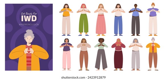 IWD Inspire Inclusion campaign, International Women's Day 2024 Poster constructor with different women making the heart gesture with their hands. Vector hand drawn illustration in flat style.