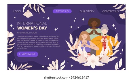 IWD Inspire Inclusion campaign, International Women's Day 2024 Landing page template features a diversity of women making heart gesture with their hands. Vector hand drawn illustration in flat style.