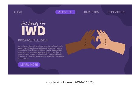 IWD Inspire Inclusion campaign, International Women's Day 2024 Landing page template features variety of hands showing the heart gesture. Vector hand drawn illustration in flat style.