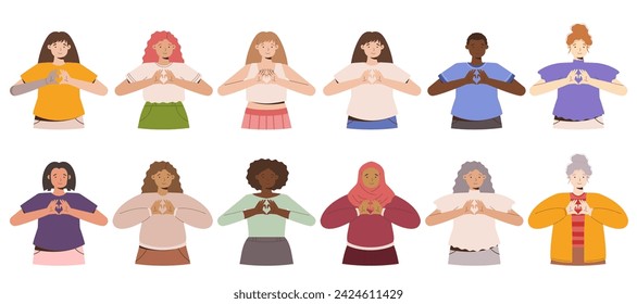 IWD Inspire Inclusion campaign, International Women's Day 2024 collection features a diversity of women making the heart gesture with their hands. Vector hand drawn illustration in flat style.