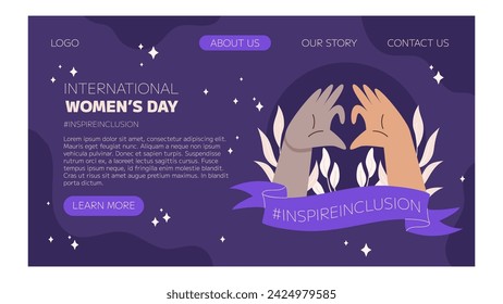 IWD Inspire Inclusion campaign, International Women's Day 2024 Landing page template features variety of hands showing the heart gesture. Vector hand drawn illustration in flat style.