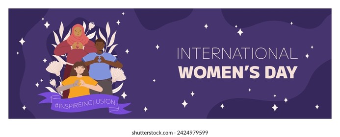 IWD Inspire Inclusion campaign, International Women's Day 2024 Horizontal banner template features a diversity of women making heart gesture with their hands. Vector illustration flat style.