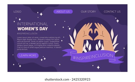 IWD Inspire Inclusion campaign, International Women's Day 2024 Landing page template features variety of hands showing the heart gesture. Vector hand drawn illustration in flat style.