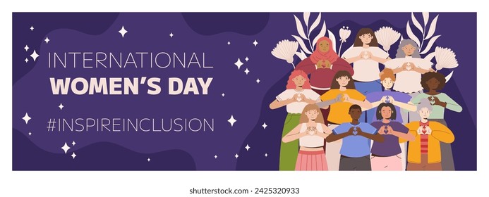 IWD Inspire Inclusion campaign, International Women's Day 2024 Horizontal banner template features a diversity of women making heart gesture with their hands. Vector illustration flat style.