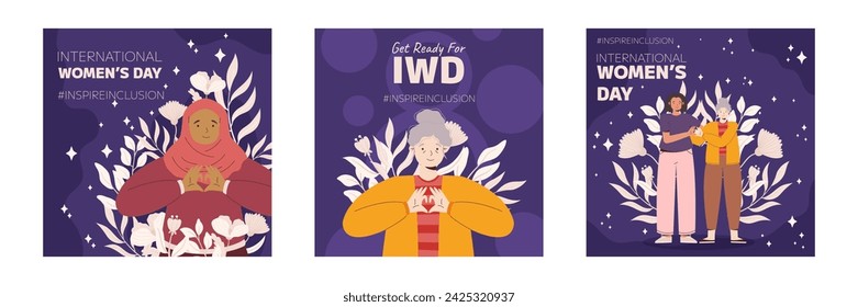 IWD Inspire Inclusion campaign, International Women's Day 2024 Square social media post template collection features a diversity of women making the heart gesture with their hands.