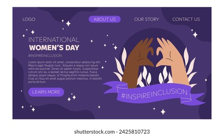 IWD Inspire Inclusion campaign, International Women's Day 2024 Landing page template features variety of hands showing the heart gesture. Vector hand drawn illustration in flat style.