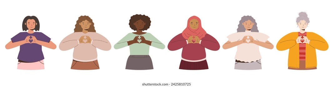 IWD Inspire Inclusion-Kampagne, Kollektion Internationaler Frauentag 2024 zeigt eine Vielfalt von Frauen, die die Herzgeste mit ihren Händen machen. Vektor handgezeichnete Illustration im flachen Stil.