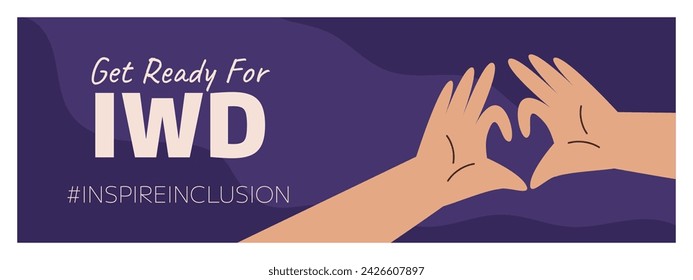 IWD Inspire Inclusion campaign, International Women's Day 2024 Horizontal banner template features variety of hands showing the heart gesture. Vector illustration flat style.