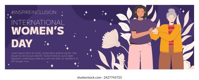 IWD Inspire Inclusion campaign, International Women's Day 2024 Horizontal banner template features a diversity of women making heart gesture with their hands. Vector illustration flat style.