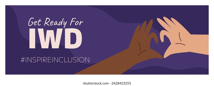 IWD Inspire Inclusion campaign, International Women's Day 2024 Horizontal banner template features variety of hands showing the heart gesture. Vector illustration flat style.