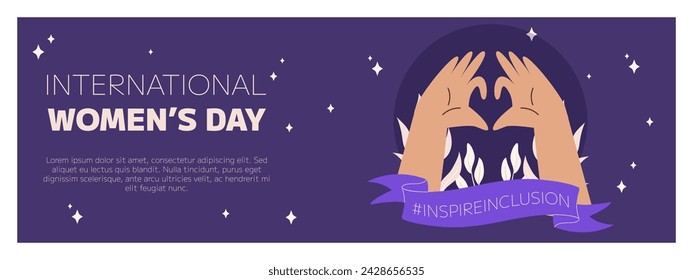 IWD Inspire Inclusion campaign, International Women's Day 2024 Horizontal banner template features variety of hands showing the heart gesture. Vector illustration flat style.