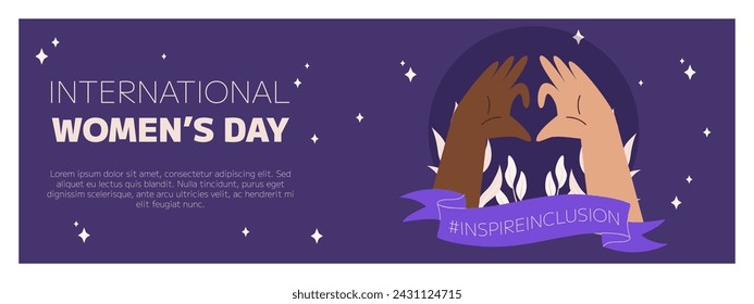 IWD Inspire Inclusion campaign, International Women Day 2024 Horizontal banner template features variety of hands showing the heart gesture. Vector illustration flat style.