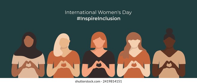 IWD InspireEl diseño horizontal de Inclusión con chicas muestra la forma del corazón con sus manos. Inspirar la campaña social de inclusión. Cartel del Día Internacional de la Mujer 2024. Mujeres variadas al estilo sin rostro.