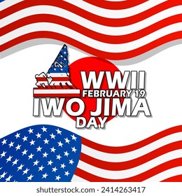 Iwo Jima Day Event-Banner. Illustration von Soldaten, die einen Fahnenmast aufziehen, mit fett gedrucktem Text, amerikanischer Flagge und japanischer Flagge auf weißem Hintergrund zum Gedenken an den 19. Februar