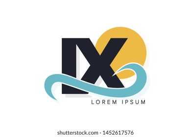IX letter logo with ocean waves and sunset. Beach concept design