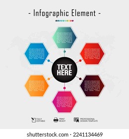 ix Step Circular Infographic Element Vector Template with Central Text Area, Connecting Arrows, Hexagonal Boxes, Titles, and Comprehensive Placeholder Text