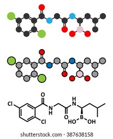 Ixazomib multiple myeloma drug molecule. Stylized 2D renderings and conventional skeletal formula.