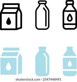 ixel perfect icon set of liquid dairy milk glass or plastic bottles. Simple thin line icons, flat vector illustrations. Isolated on white, transparent background