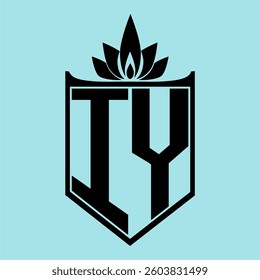 IY Logo featuring a minimalist design with a crown-like flower symbol on top, bold black elements, and a soft blue background, perfect for branding and modern visual identity.