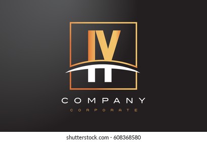 IY I Y Golden Letter Logo Design with Swoosh and Rectangle Square Box Vector Design.