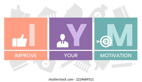 IYM - Improve Your Motivation acronym. business concept background. vector illustration concept with keywords and icons. lettering illustration with icons for web banner, flyer, landing pag