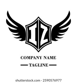 IZ bold shield logo with wings, customizable with letters A to Z. Perfect for brands seeking a powerful symbol of strength, freedom, and ambition