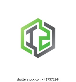 IZ initial letters looping linked hexagon logo black gray green