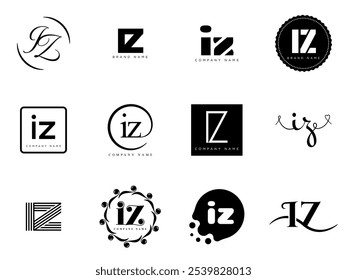 Modelo da empresa de logotipo IZ. Logotipos das letras i e z. Defina diferentes letras serifas clássicas e texto em negrito moderno com elementos de design. Tipografia inicial da fonte. Coleção de identidade de negócios na moda.