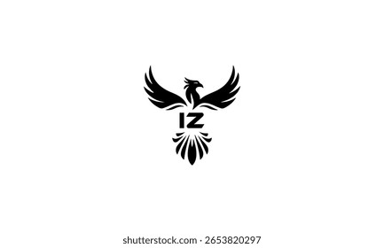 Emblema moderno del pájaro del águila del logotipo de Phoenix del monograma de IZ con las alas en el fondo blanco