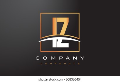 IZ I Z Golden Letter Logo Design with Swoosh and Rectangle Square Box Vector Design.