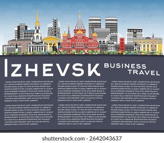 Izhevsk Russia city skyline with color buildings, blue sky and copy space. Vector illustration. Izhevsk cityscape with landmarks. Business travel, tourism concept with modern, historic architecture.