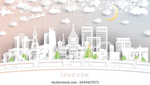 Izhevsk. Russia. Winter city skyline in paper cut style with snowflakes, moon and neon garland. Christmas and new year. Santa Claus on sleigh. Izhevsk cityscape with landmarks. Vector illustration.