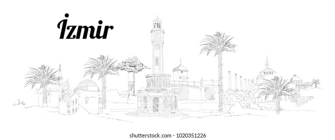 IZMIR city hand drawing panoramic illustration artwork