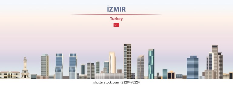 Izmir cityscape on sunset sky background vector illustration with country and city name and with flag of Turkey