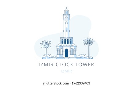 Izmir Clock Tower. The famous landmark of Izmir, tourists attraction place, skyline vector illustration, line graphics for web pages, mobile apps and polygraphy.